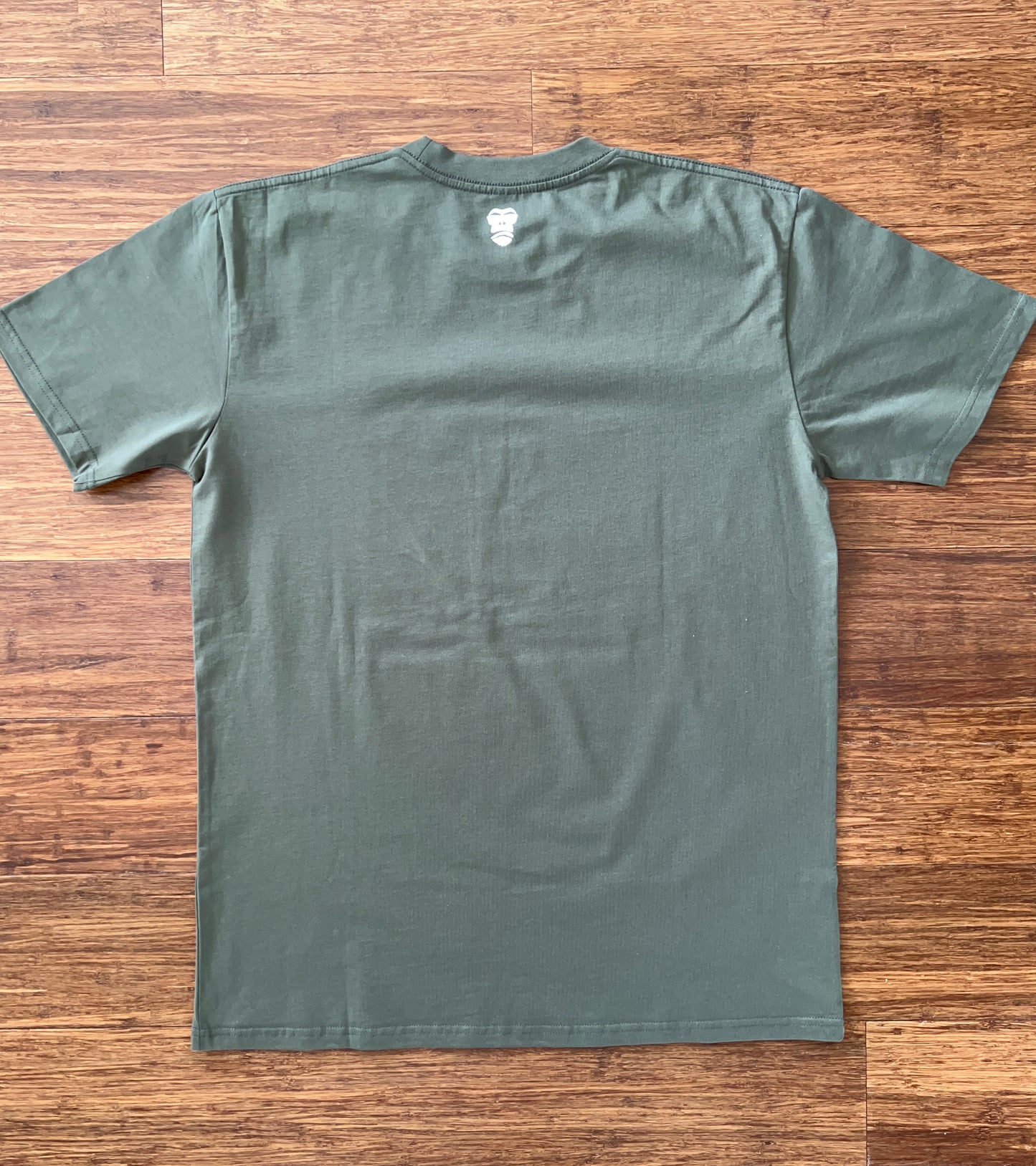 Gorilla 2024 in White on Army green heavey weight, 100% cotton 220gsm.