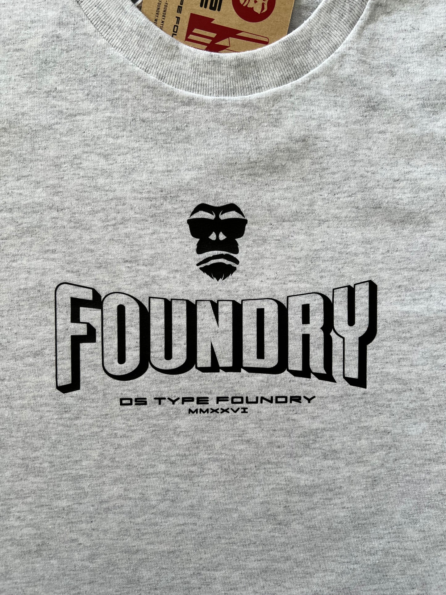 10031 Foundry. Heavy weight t-shirt, Foundry typeface black on grey