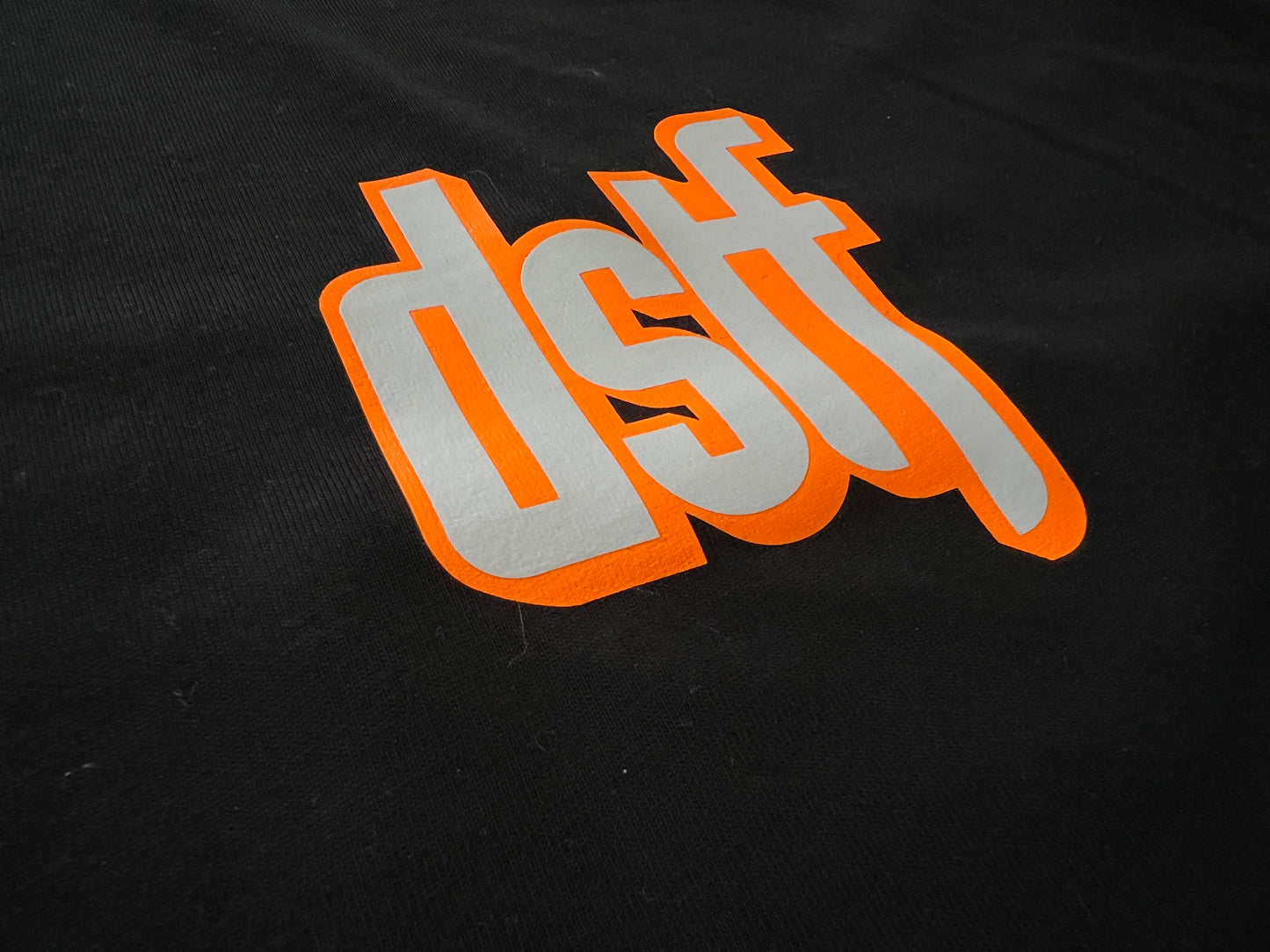 100345 DSTF logo 3D in Fluorescent Orange on black tee