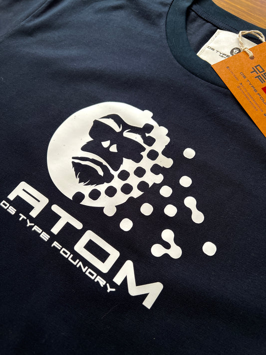 Atom t-shirt in White on Navy Blue. 100% heavy weight cotton Tee Typeface: Atom