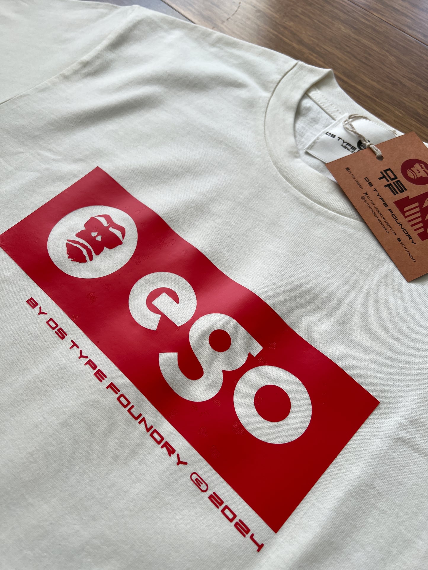  Ego t-shirt in Red on Natural, 100% heavy weight cotton Tee Tee Typeface: Ego