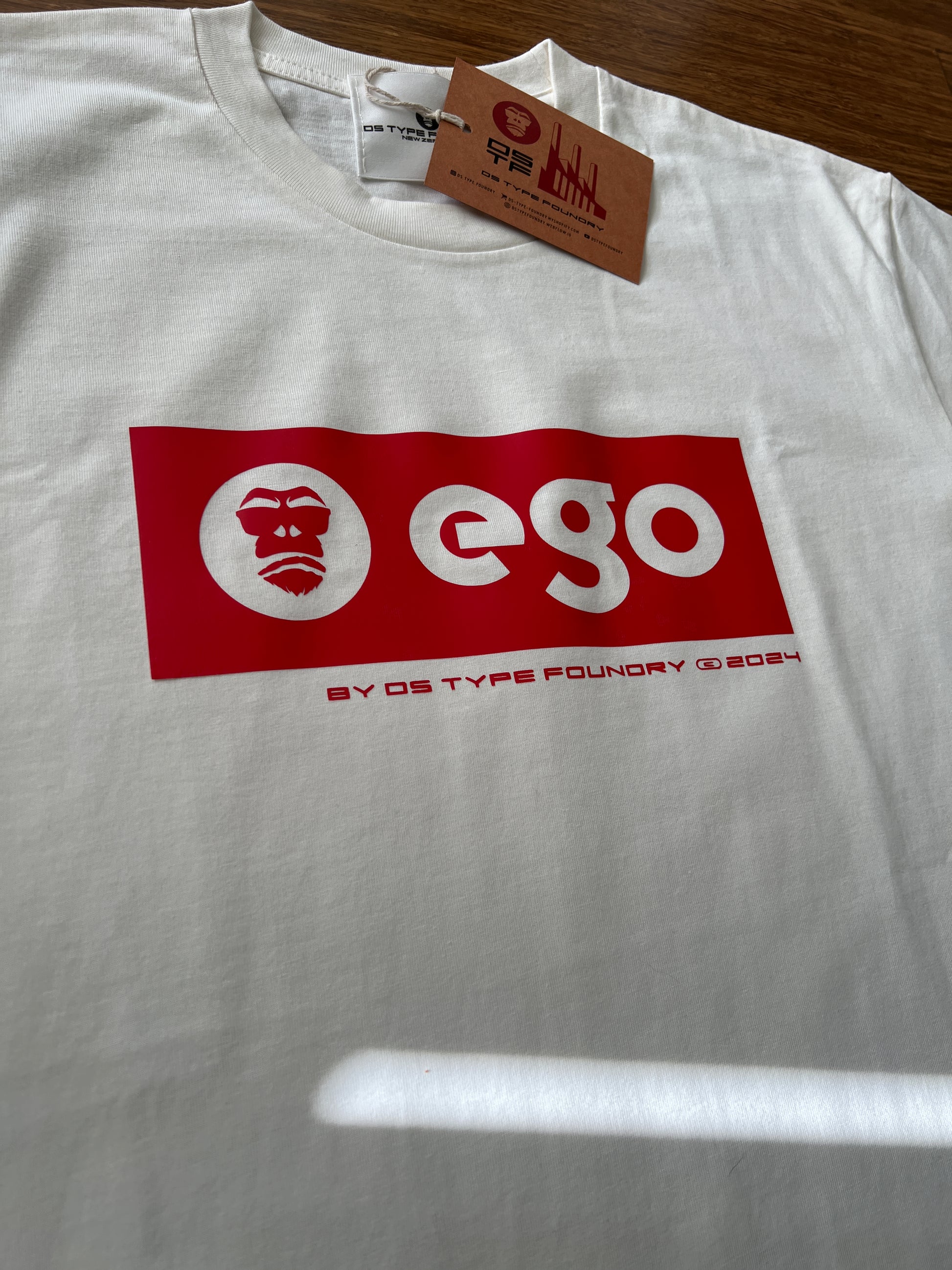  Ego t-shirt in Red on Natural, 100% heavy weight cotton Tee Tee Typeface: Ego