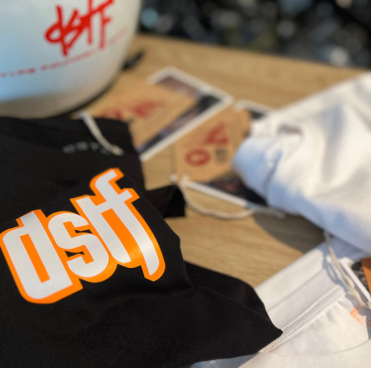 100345 DSTF logo 3D in Fluorescent Orange on black tee