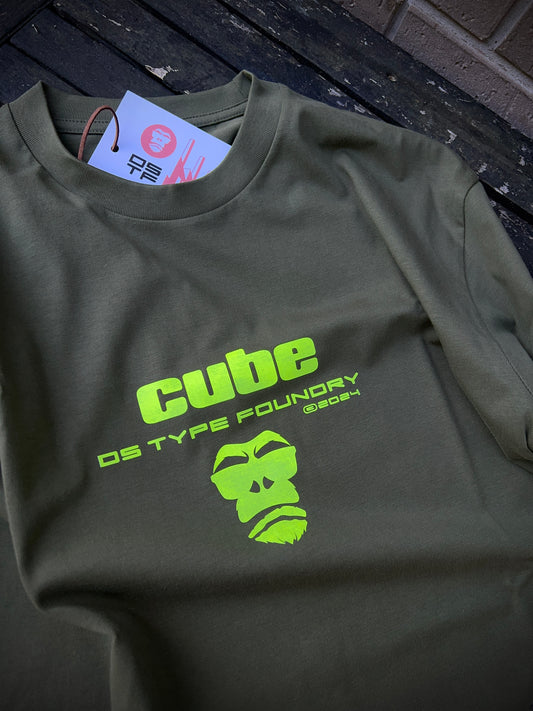 Cube Neon Green on Army Green tee, 100% cotton 220gsm. Typeface: Cube