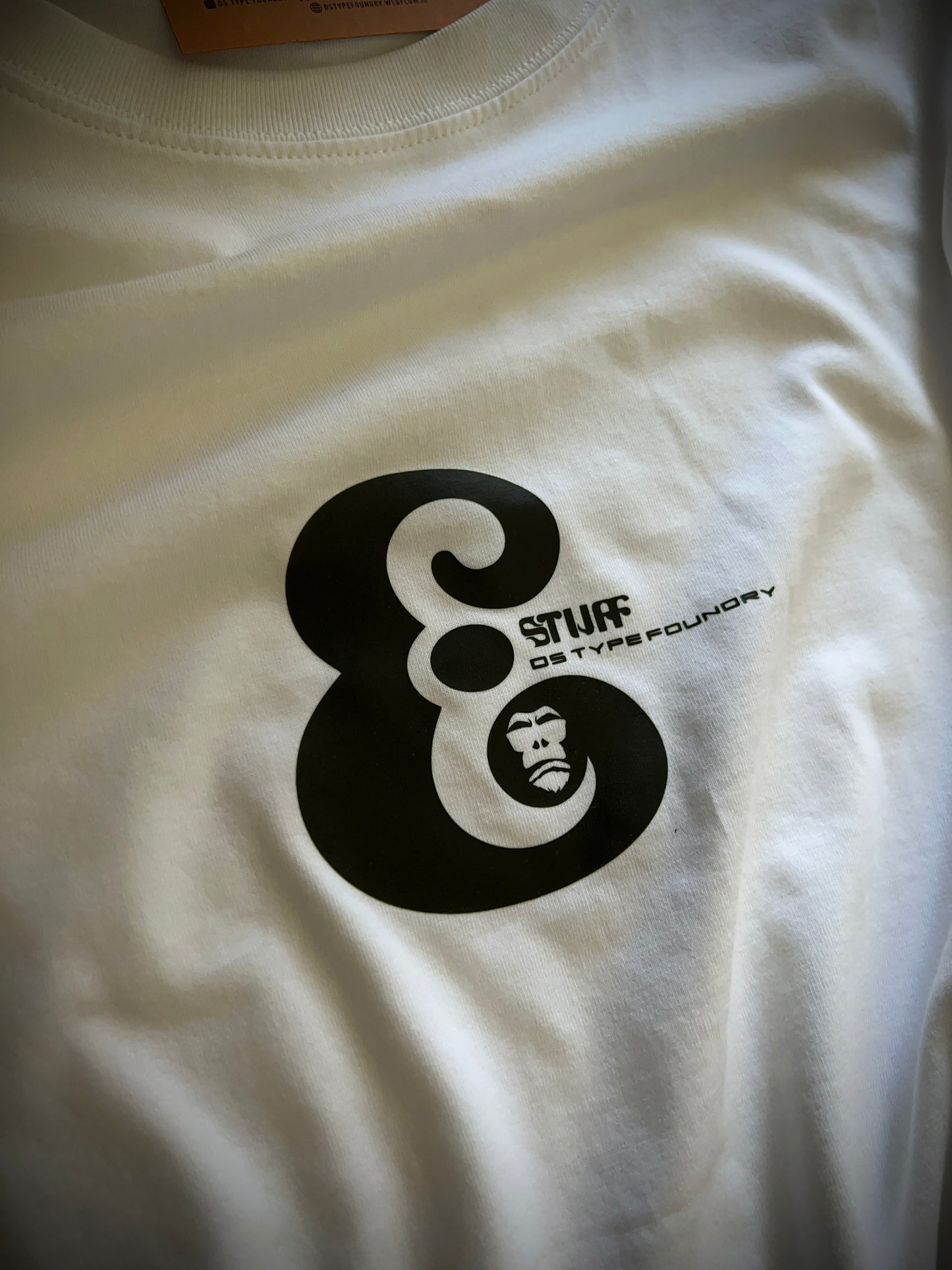 Ampersand Stuff in black on white 100% cotton Tee. Can be available in medium weight 185gsm (6.5oz) and heavy weight 220gsm (7.7oz). Typeface: Stuff