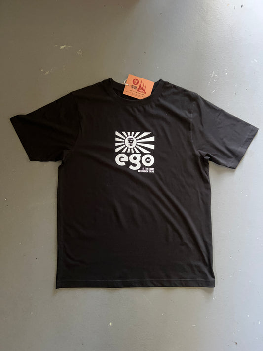 Ego in White on Black 100% cotton 220gsm (7.7oz). Typeface: Ego