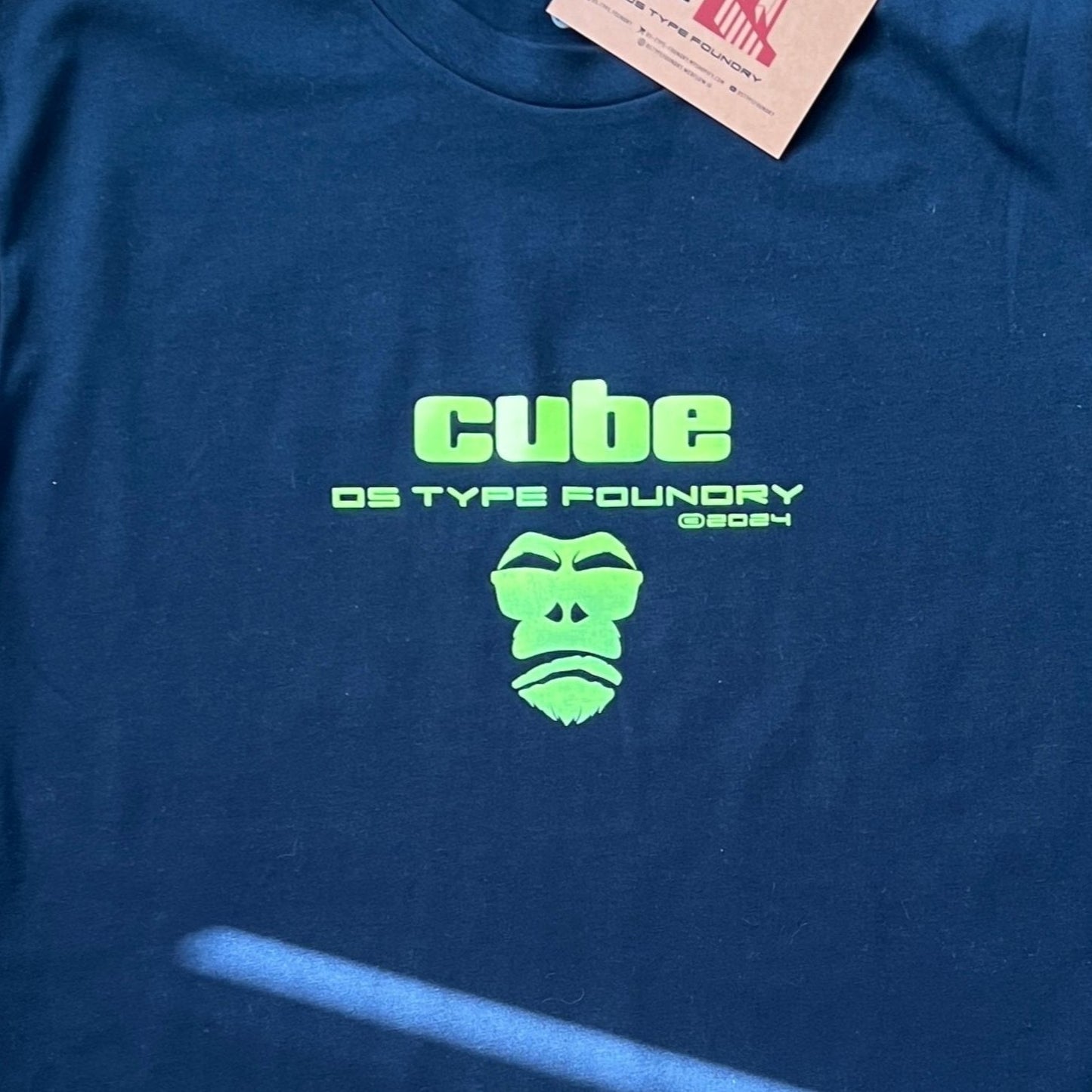 Cube Gorilla t-shirt in Neon Yellow on Navy Blue. 100% heavy weight cotton Tee