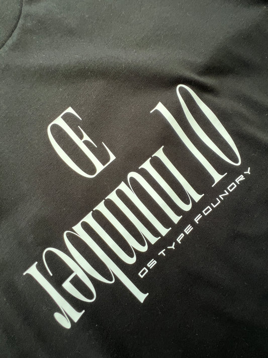 Number 10 (in reverse) in White on Black tee. Heavyweight 100% cotton 220gsm. Typeface: Number 10