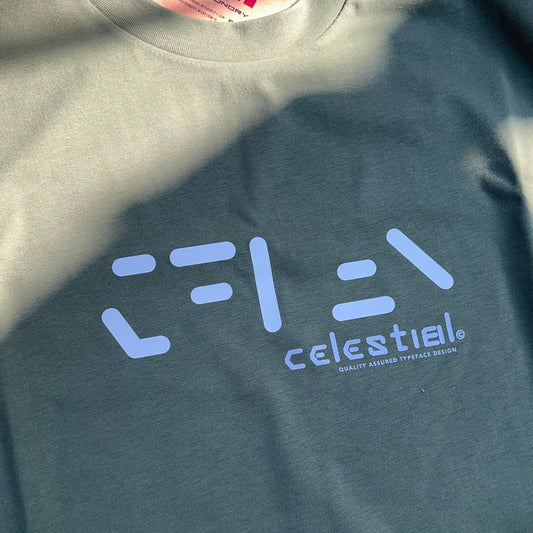 Celestial white and silver on khaki green tee. 100% cotton. Typeface: Celestial