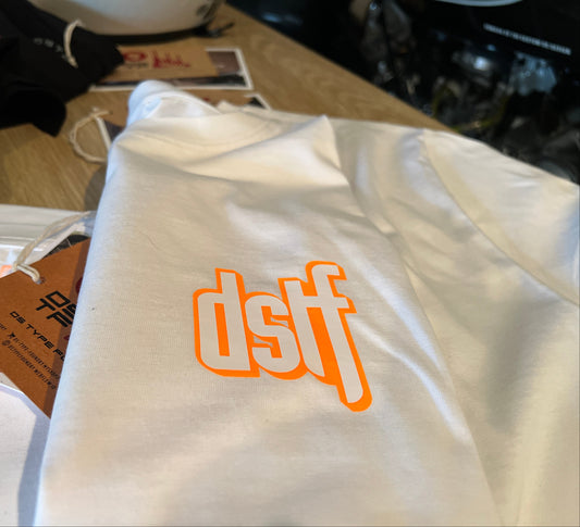 DSTF logo in Fluorescent Orange and white on quality cotton white tee