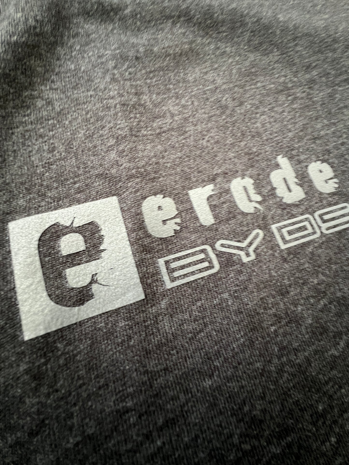 Erode in Reflective Silver tee with red DSTF logo on back. 100% cotton. Typeface: Erode