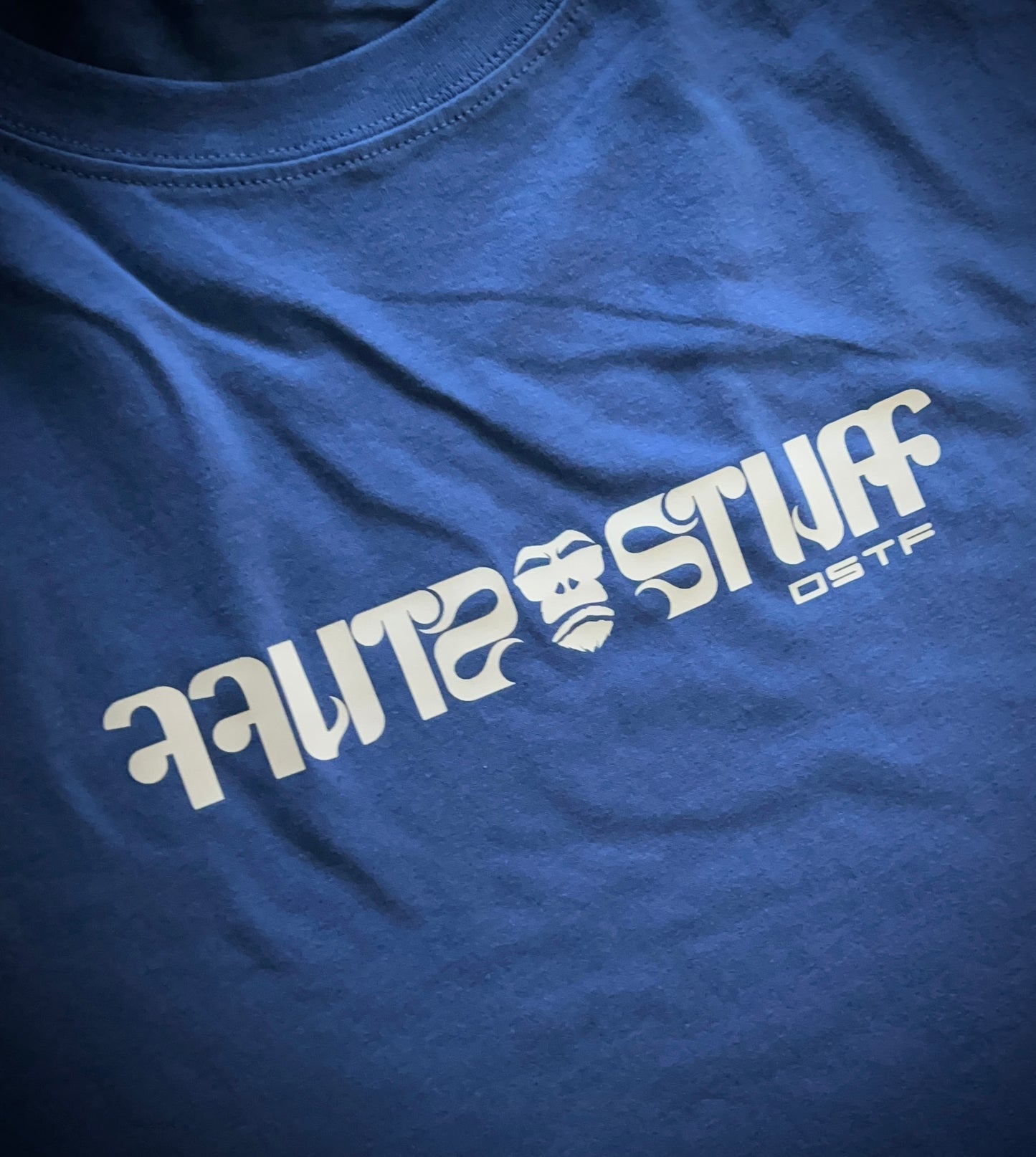 Gorilla Stuff in light grey on blue 100% cotton Tee. Can be available in medium weight 185gsm (6.5oz) and heavy weight 220gsm (7.7oz). Typeface: Stuff