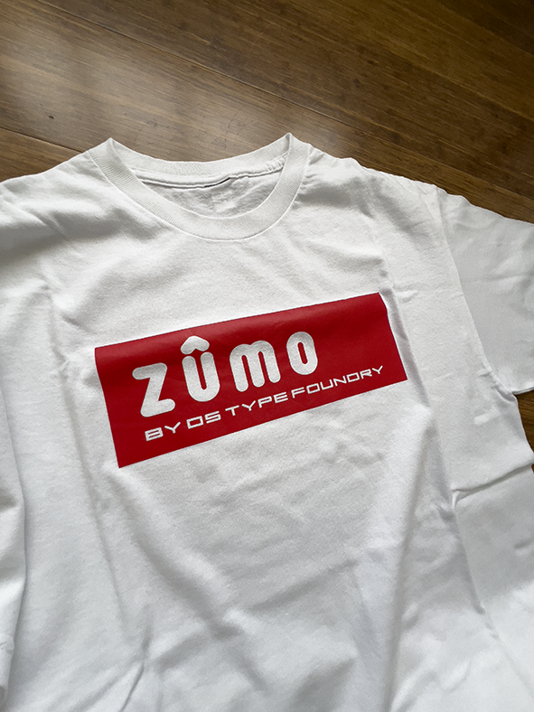 Zumo, Red on White heavey weight tee, 100% cotton 220gsm. Typeface: Zumo